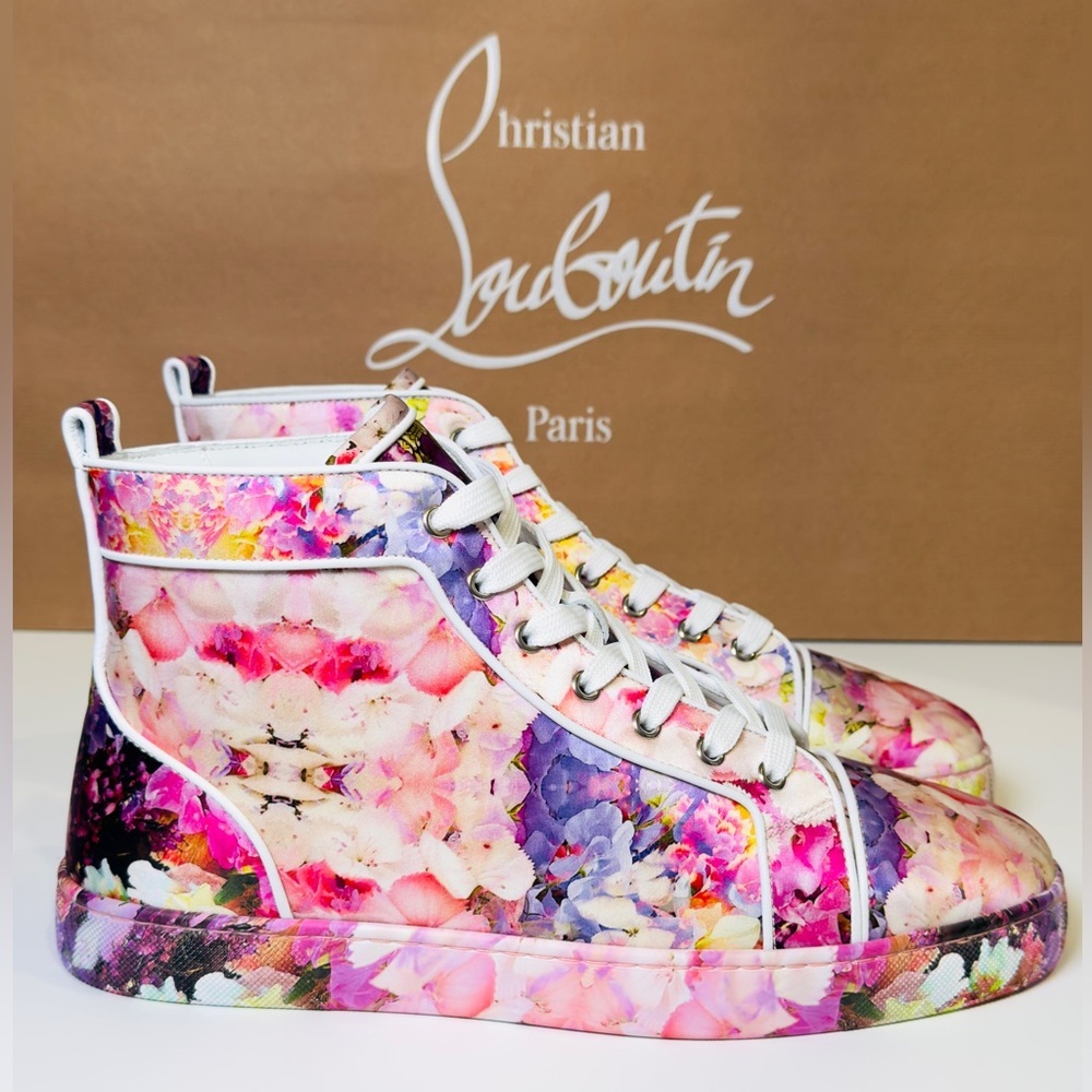 Christian Louboutin Blooming Orlato Abstract-print Silk High-top Trainers EU 44 - Picture 3 of 16